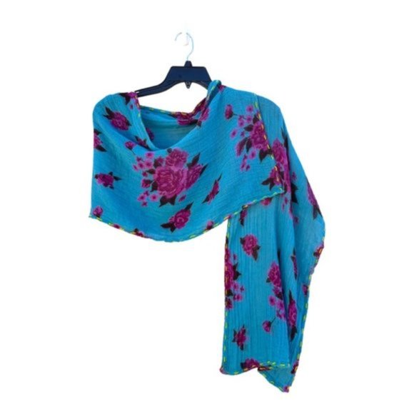 Turquoise & Fushia Floral Printed Scarf 16"x 65" - Picture 6 of 8